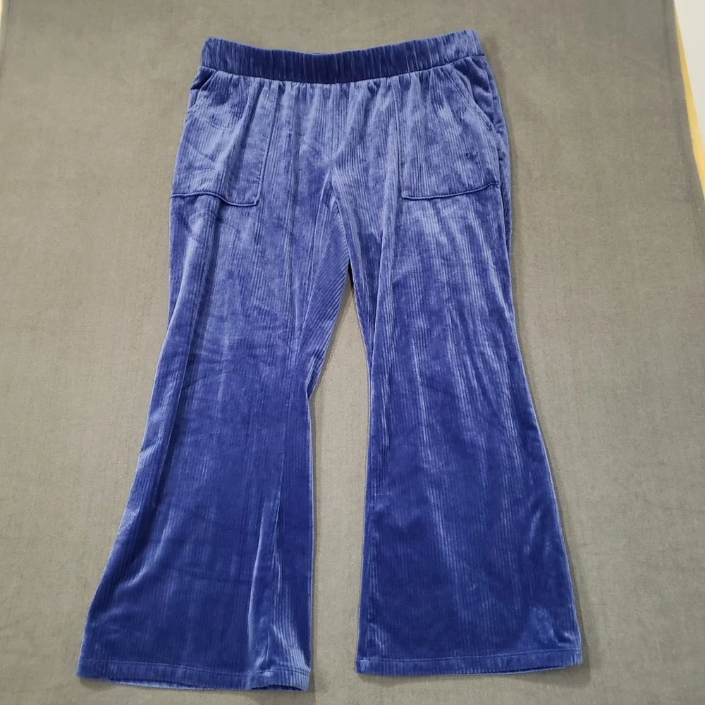 Time and Tru Velour Wide Leg Pants Womens XXL Blue Ribbed Flare Lounge Pockets